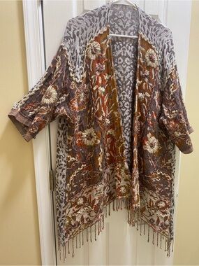 Boho Embroidered L / XL wool Open-Front Cardigan Brown Multi Earth Tones Fringe